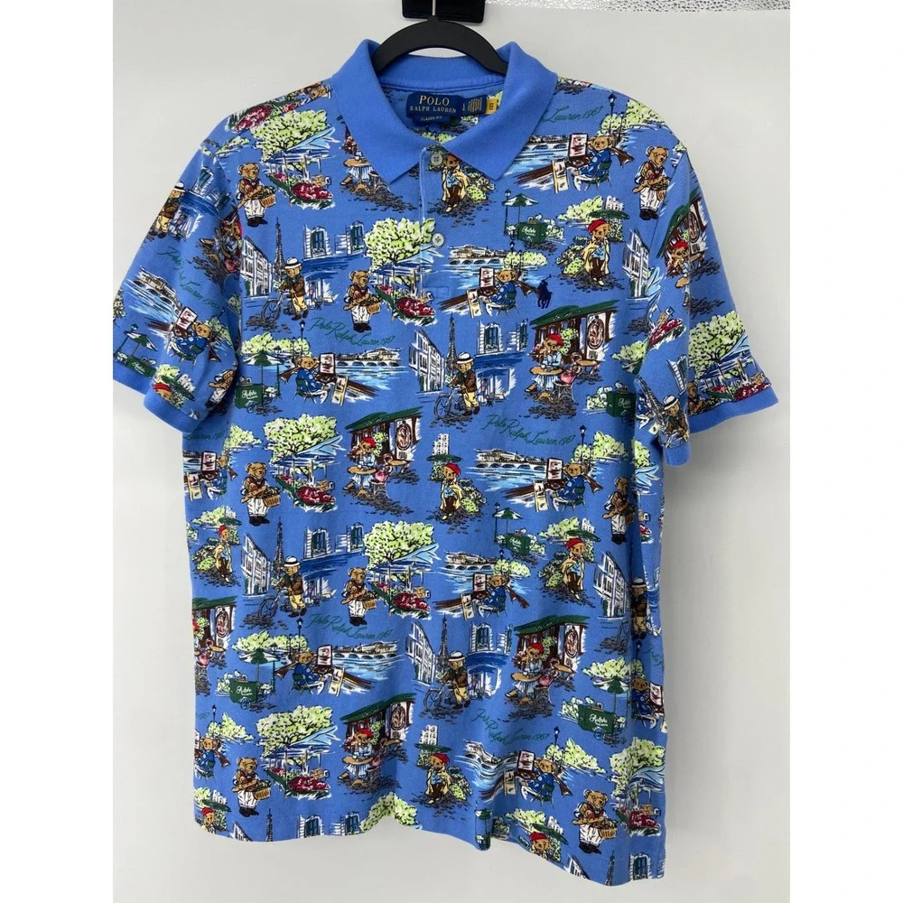 Polo Ralph Lauren Polo Shirt Men Large Blue Paris Bear Classic Fit Preppy Travel